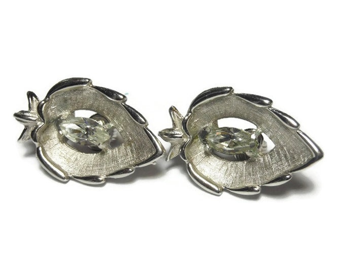 FREE SHIPPING Sarah Coventry earrings, 1960s 'crystal navette', marquise cut rhinestone crystal center, leaf shape, silver clip earrings