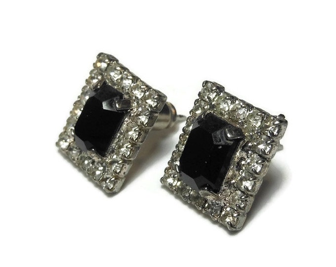 Rectangular rhinestone earrings, small faux onyx prong set baguette surrounded by prong set rhinestones, post pierced earrings