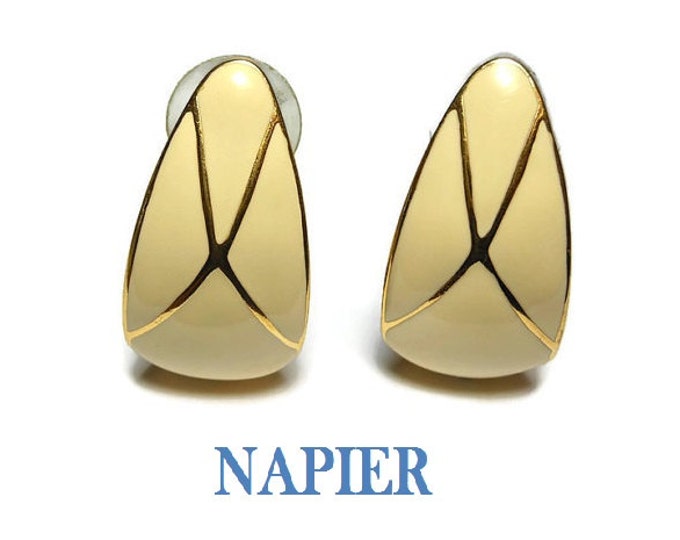 FREE SHIPPING Napier cream enamel earrings, cream drop post with gold embellishments x across the front ridged bottom, pierced earrings
