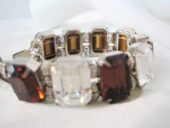 Topaz Rhinestone Bracelet - Vintage Jewelry - Clear Large Wide - 80's Links