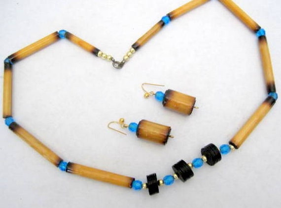 Bamboo Aqua Bead Necklace- Black Spacer - Vintage Choker