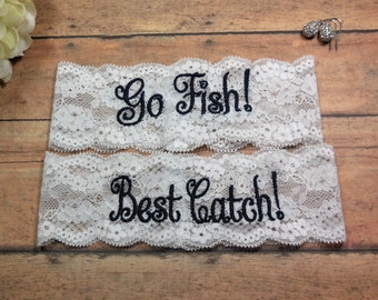 Embroidered Garter, Blue Garter, Something Blue, Fishing Garter, Outdoors Garter, Fun Garter, Navy Garter, Garter, Wedding, Sports Garter