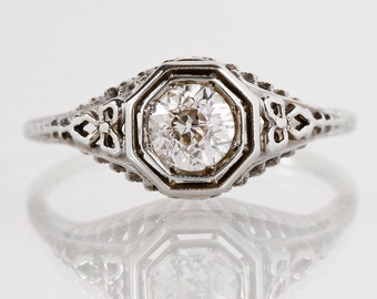 Antique Edwardian 18k White Gold Filigree Diamond Engagement Ring