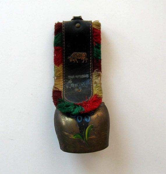 Large Vintage Swiss Cow Bell wall hanging leather 7