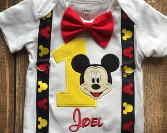 Custom boys first birthday Mickey Mouse bodysuit with suspenders and bow tie