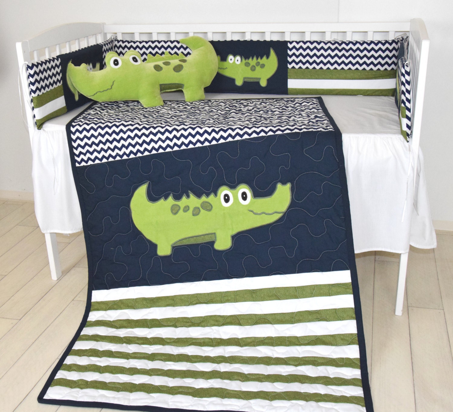 alligator quilt, crib baby blanket, green navy off white chevron alligator quilt, crib baby blanket, green navy off white chevron