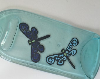 HandPainted Cheese Tray, Custom Cheese Tray, Dragonfly Decor, Flattened Wine Bottle, Bar Deco