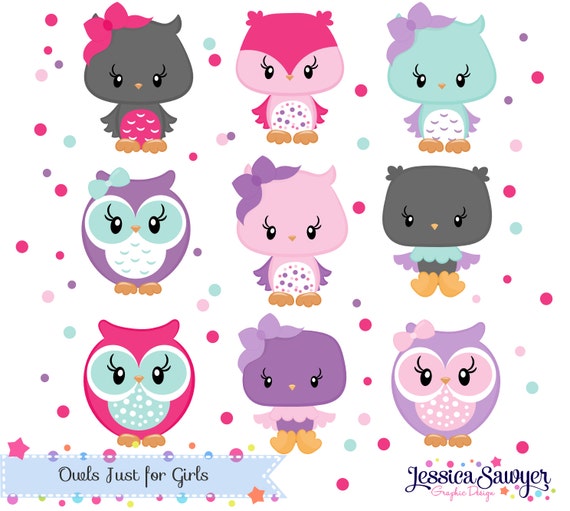 INSTANT DOWNLOAD, aqua and pink owl clipart for personal and commercial use Il_570xn