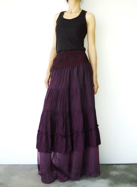 No36 Dark Purple Cotton Tiered Peasant Skirt Long Maxi Skirt 6338