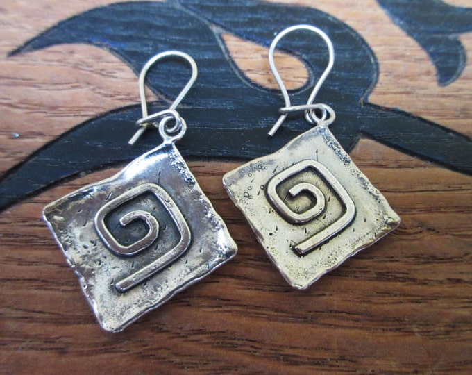 Sterling Silver Dangle Earrings - Hammer Square - modernistic swirl earring