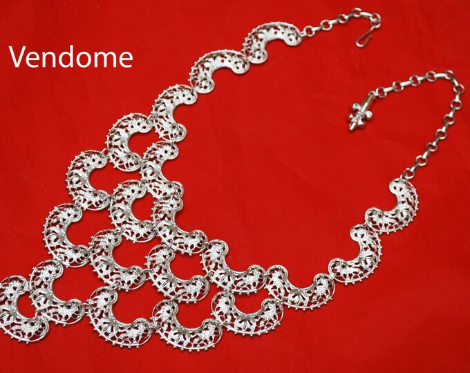 Vendome Silver Bib Necklace - Ornate Mesh silver links - Signed - Mid Century