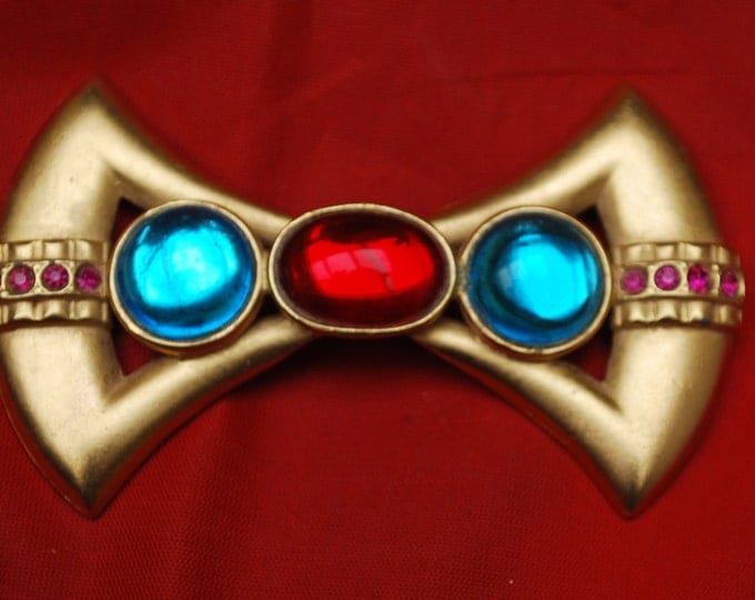 Bow Bar Brooch - Red blue cabochon -Rhinestone Art Deco Style pin