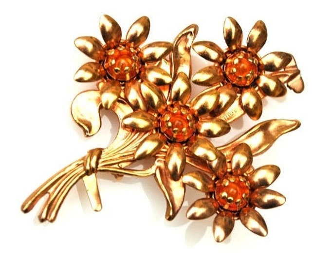 Gold Flower Brooch - Amber Orange Glass cabochon - Mid century - Floral Pin