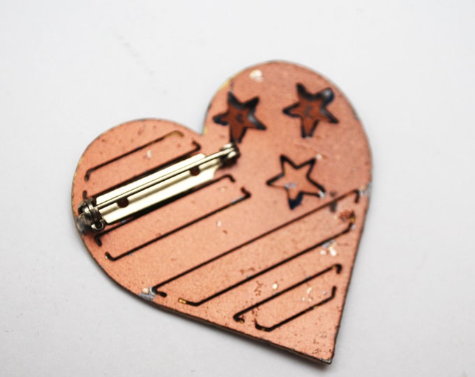 Flag Heart Brooch - Red white Blue - American flag painted on copper metal heart pin