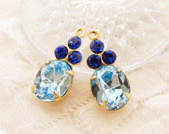 Vintage Rhinestone Oval Light Sapphire & Sapphire Blue Glass Stone Drops Charms Brass Set Stones - 2