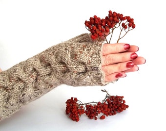 SALE - 20% Off! Knit Fingerless Gloves. Knitted Gloves. Long Gloves. Knitted Wrist Warmers. Knit Arm Warmers. Beige Gray Women Gloves.