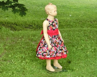 Floral flower girl dress. Girls cotton flower dress. Red and black flower girl dress. Flower print dress. Toddler girls birthday dress