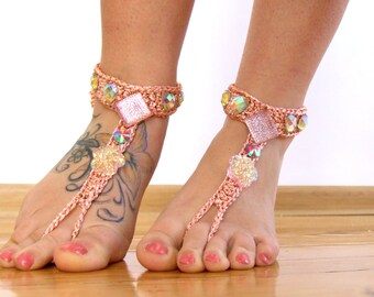 Peach Barefoot Sandals- Foot Jewelry- Footless Sandals- Barefoot Wedding Sandal- Beach Wedding- Bridesmaid gift- Valentine's Gift