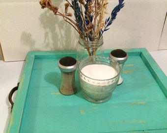 Distressed ottoman tray, condiment tray, patio tray, turquoise large square tray, 16 x 16 square tray, wood tray with handles
