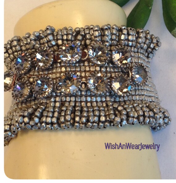 Repurposed Vintage Shoe Clip Bracelet Silver Tone Beads Woven