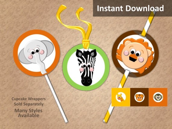 Jungle Safari Party Decorations, Baby Shower, Safari Jungle Animal Cupcake Toppers, Favor Tags, Straw Flags, Instant Download Il_570xn