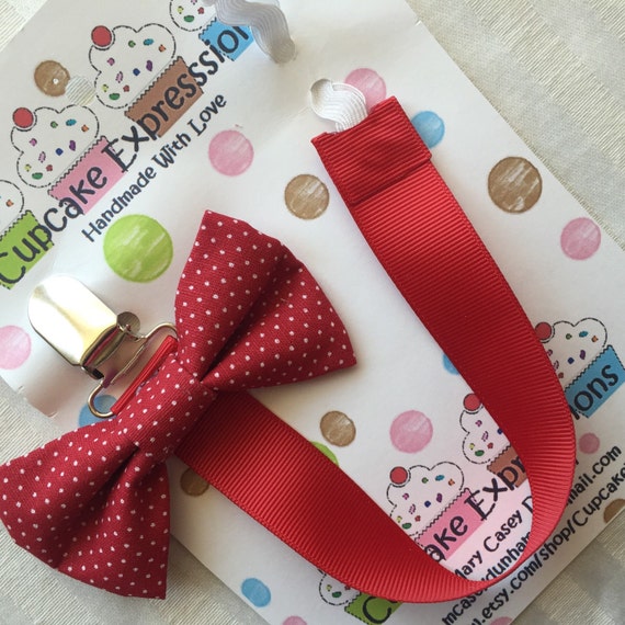 Items similar to Handmade Baby Pacifier Clip Bow Tie Red with White
