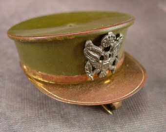 Enamel Military Hat locket BRooch Sweetheart Vintage pin officers cap with PHOTO WW11 veterans memorabilia