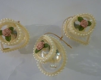 Vintage Christmas Ornaments Set of 3 80's Clear Plastic Hearts and Egg Victorian Style Made in Taiwan