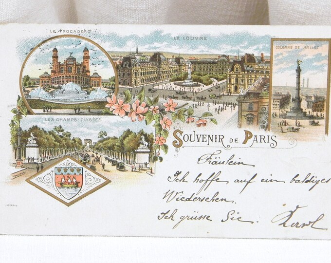 Antique French Souvenir Postcard from Paris, French Country Decor, Parisian Home, Provencal, Eiffel Tower, Retro Home Decor, Collectable
