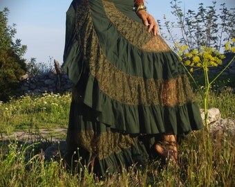 Flamenco Green Long Skirt, Maxi Skirt, Renaissance Skirt, Belly Dance Skirt, Festival Skirt, Burning Man Skirt, Burlesque Skirt, Gypsy Skirt
