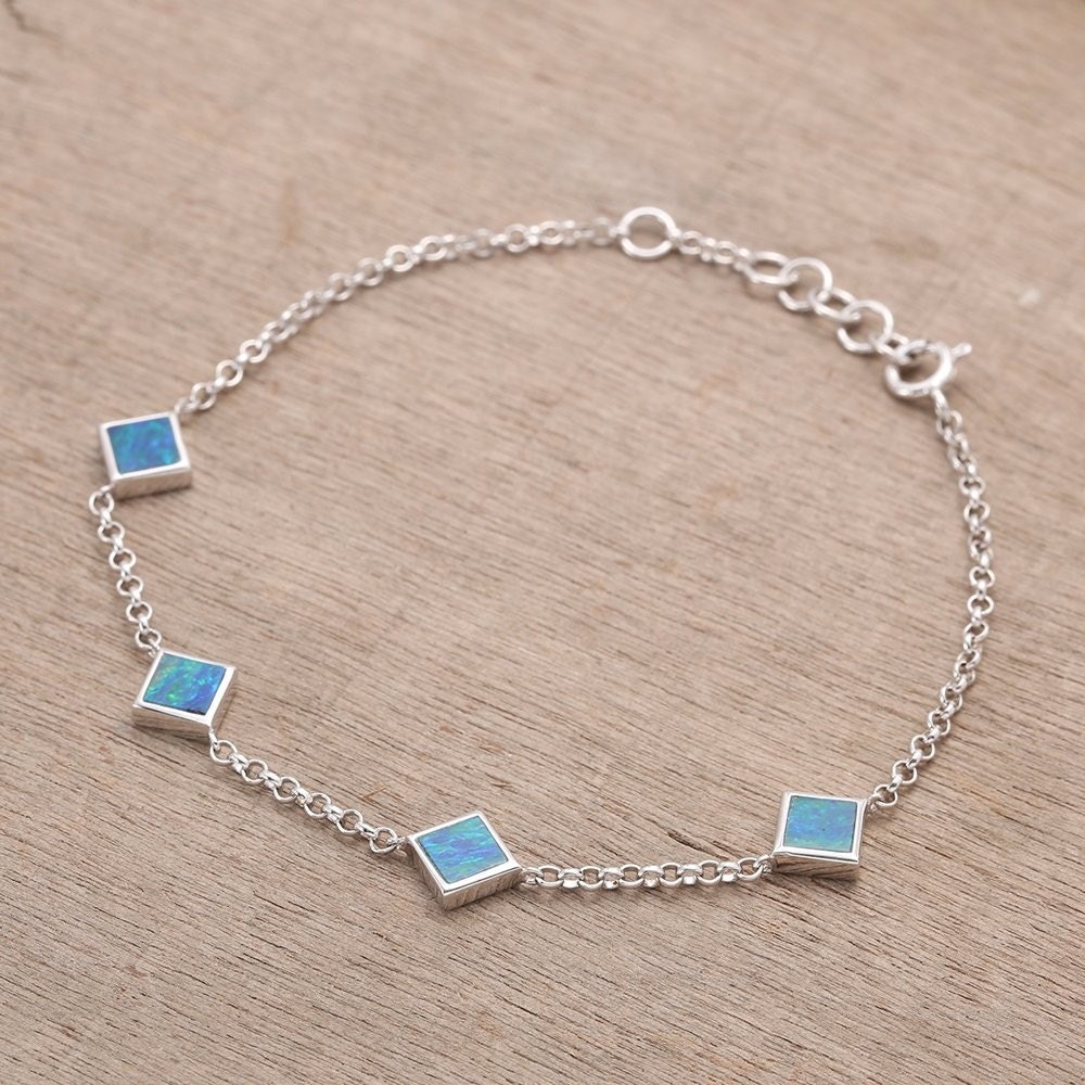 Blue Green Square Opal Bracelet 925 Sterling Silver 3.70 grams