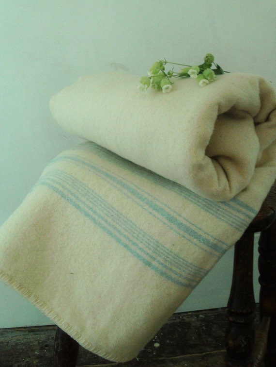 Vintage CWS wool blanket Cream with pale blue stripes.