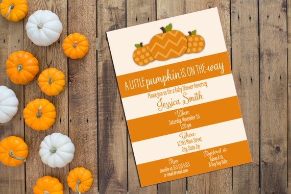 Little Pumpkin Baby Shower Invitation - Fall Baby Shower - Large Orange and Cream Stripes - Printable Il_570xn