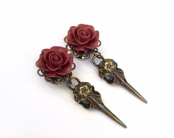 Maroon Rose Filigree Skull Ear Plugs