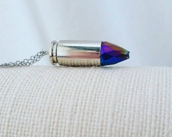 Crystal bullet necklace - bullet necklace - bullet casing - upcycled jewelry - bullet jewelry - bullet pendant - crystal bullet - industrial