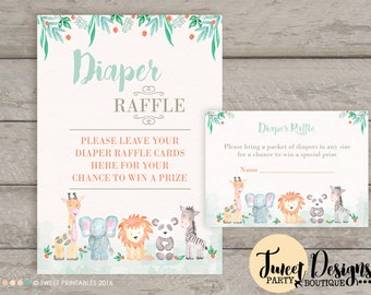 Diaper Card, Printable Diaper Raffle Ticket, Baby Shower, Watercolor Jungle Animals Diaper Raffle Card, Safari Animals Printable