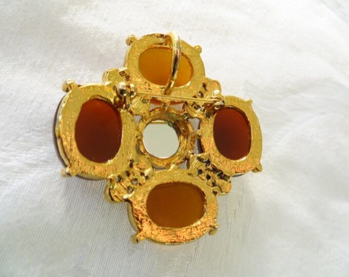 Vintage Maltese Cross Brooch Pendant, Lucite Rhinestone, Amber Malta Cross