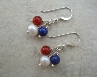 Fun Triple Stone Earrings on Sterling Silver Hooks, Drop Dangle Earrings, Sterling Silver Hooks, Jewelry, UK Seller