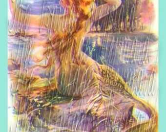 Mermaid Fabric Swatch Sunbathing Primping Mermaiden DIY Art Crafts Cotton