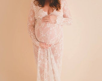 CAMILLE •sale• lace maternity gown long sleeve floor length white eyelash