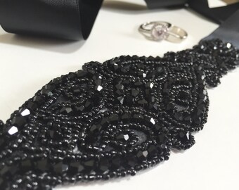 Black Crystal Bridal Sash Belt, Black Rhinestone Bridal Belt, Crystal Bridal Belt, Black Bridal Sash, Brides Maid Sash, prom belt