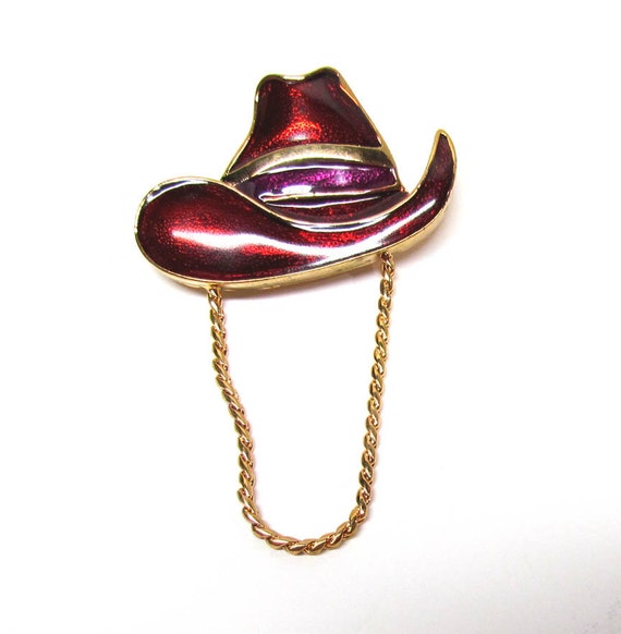 Items similar to Vintage Red Hat Eyeglass Holder Brooch Pin, Gold tone