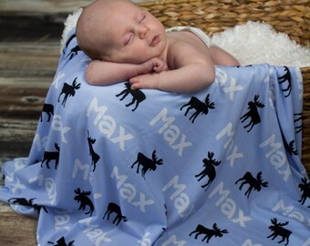 Personalized Swaddle Blanket - Moose Design – Personalized Swaddle Blanket / Baby Name Blanket / Hat / Headband / Customized Blanket Set