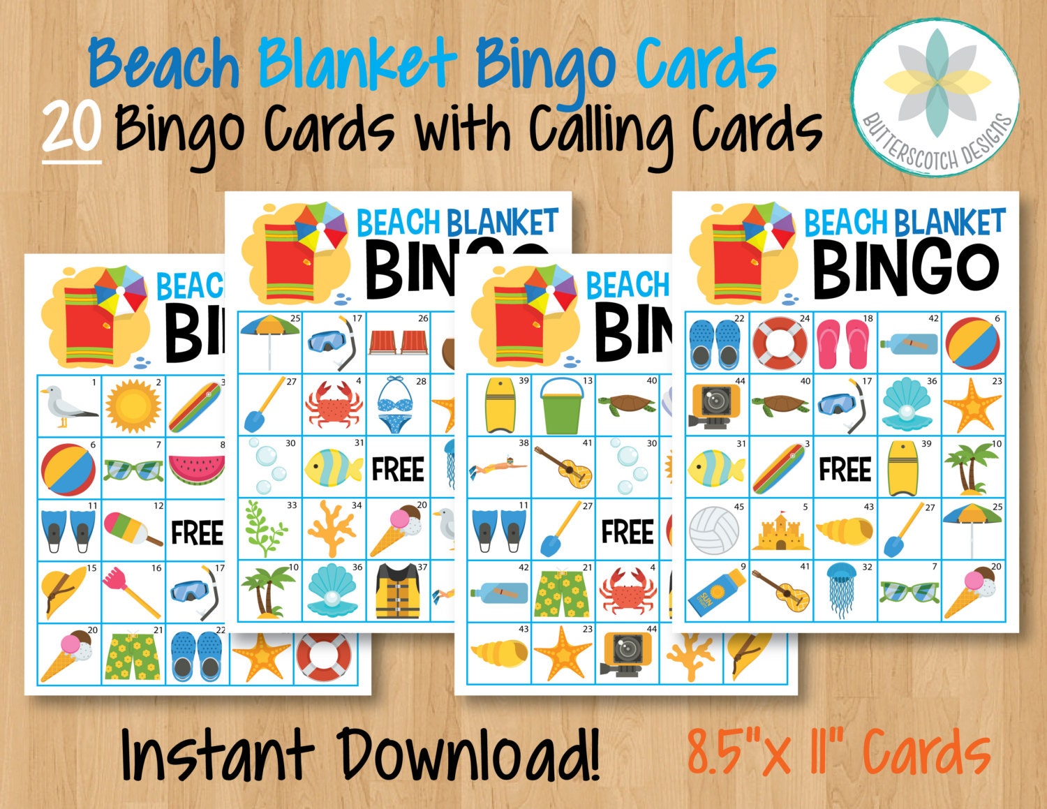 Beach / Summer Pool Party Printable Bingo Cards 20 Different