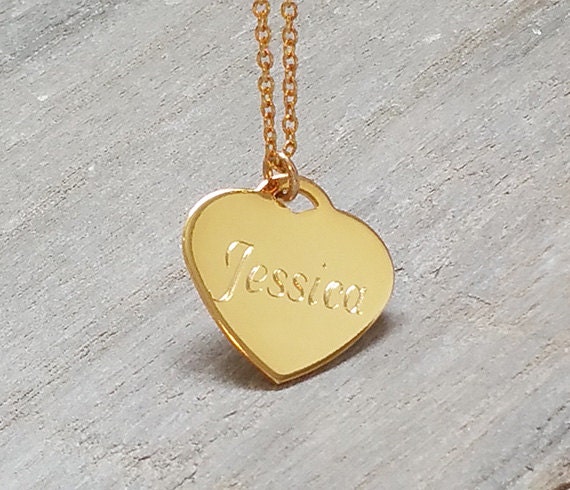 Gold heart necklace Name necklace Engraved heart by HLcollection