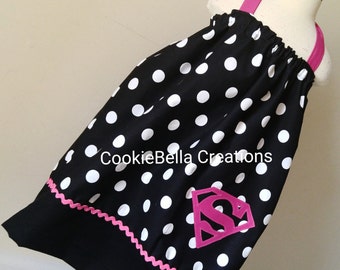 Superman/SuperGirl Black & Pink Polka Dot Halter (or Pillowcase) Dress