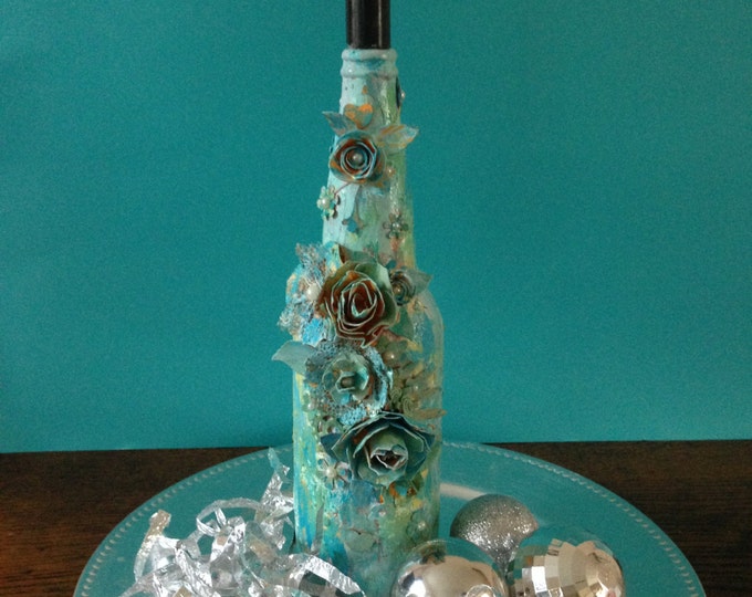 Decorative bottle, Mixed Media art, Home decor, Wedding decoration, Candle Holder, Christmas candle holders
