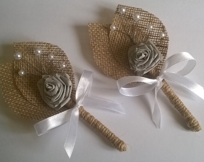 Burlap Groom's Boutonniere with Flower, Rustic Wedding, White Bow,