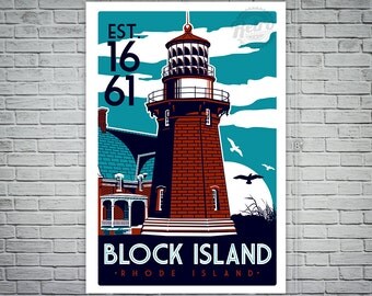 Block Island Light House Retro Vintage Screen Print poster Rhode Island