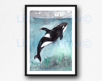 Whale Print Watercolor Print Painting Bathroom Wall Decor